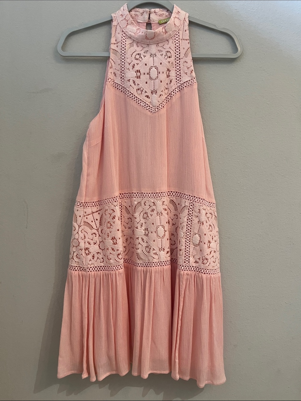 Gianni Bini Blush Pink Crochet-Trim Halter Midi Dress